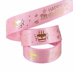 In Stock Festive 1.9cm 10 Yards Happy Birthday Gold Foil Satin <b>Ribbon</b> for Bouquet Decor & <b>Cake</b> Embellishment - Product Image 5