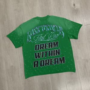 تي شيرت رجالي جديد لصيف 26 من الماركة الأولى، ملابس فضفاضة بغسيل حمضي، ملابس الشارع المخصصة، تي شيرت أخضر مزين بالألماس للرجال - Product Image 5