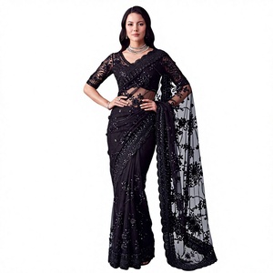 Sari de Seda Negro Bordado con Blusa de Encaje, Elegante Vestido Largo para Bodas Indias, Corte Regular para Mujer, Todas las Temporadas - Product Image 1
