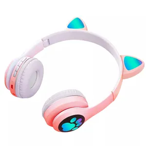 VIV-23M headset nirkabel telinga kucing untuk anak perempuan, headphone nirkabel lucu dapat dilipat dengan lampu LED