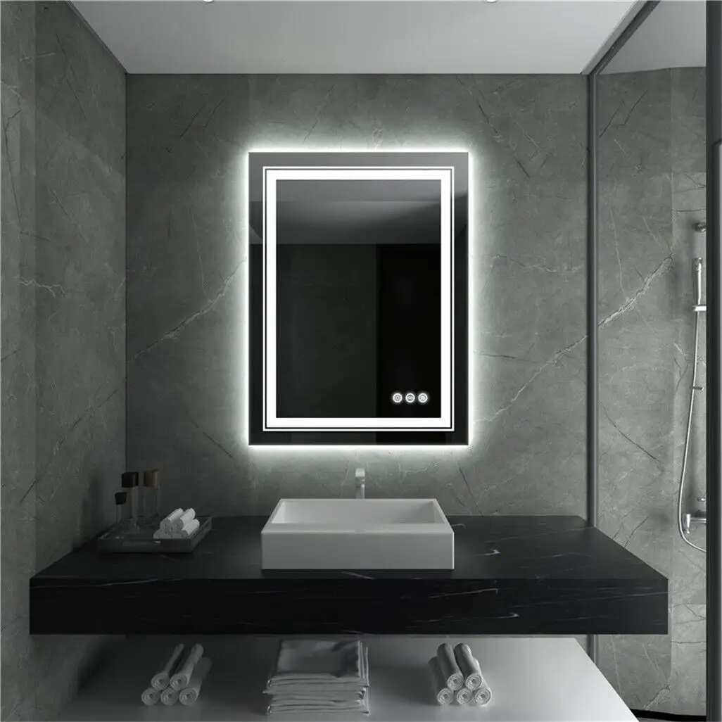 VS Gratis Verzending 50*70Cm Modern Hotel Frameloze Badkamer Ijdelheid Led Verlichte Wandspiegel Met 3 Kleurenverlichting En Destoging
