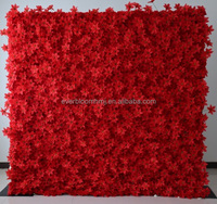 S37 Custom Red Background Decor Rose Floral Wall Backdrop Panel 3d Roll up Fabric Artificial Silk Rose Flower Wall for Wedding