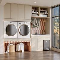 Armoire de rangement multifonctionnelle moderne pour buanderie, intégrée à la machine à laver, avec évier et étagères ouvertes