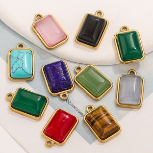 Pendentif rectangulaire en pierre naturelle |   Breloque en acier inoxydable plaqué or 18 carats PVD : turquoise, onyx, œil de tigre, quartz rose pour la fabrication de bijoux - Product Image 2