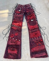 Jeans en denim délavé sur mesure de haute qualité pour hommes, pantalon baggy évasé 3D avec design en strass et patchwork déchiré