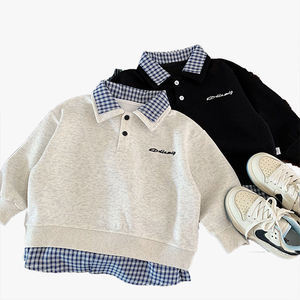 Sweat-shirt pour garçons et filles, enfants, printemps-automne, mode, tendance, chemise à carreaux à deux pièces, col polo - Product Image 2