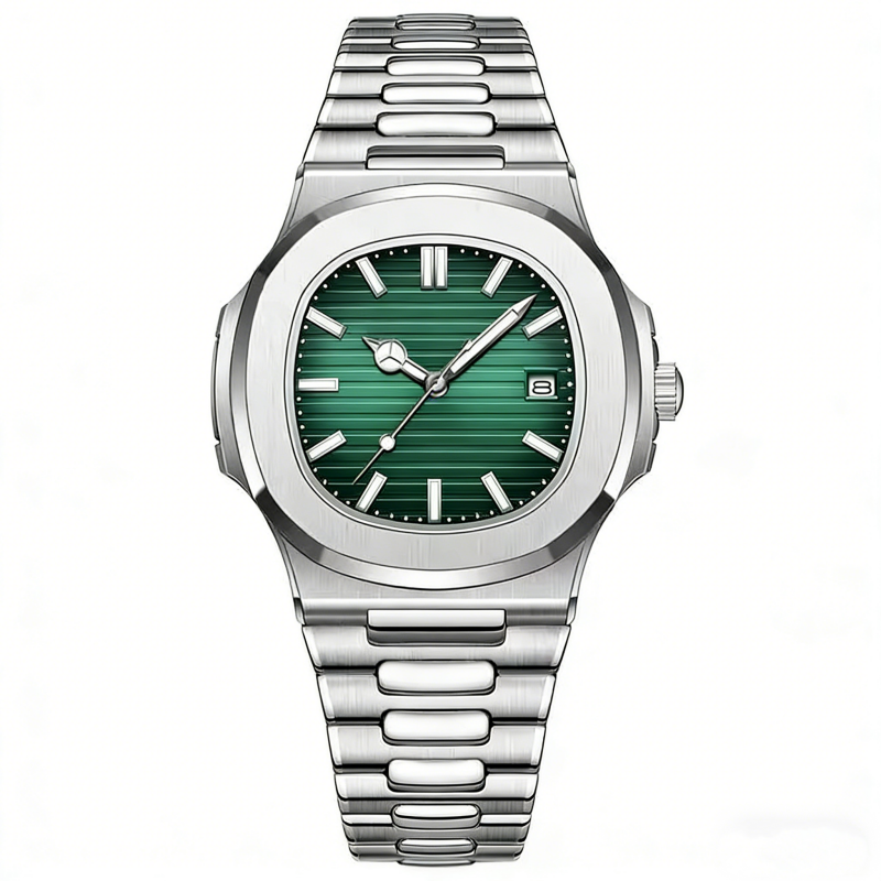 silver case green dial steel band model