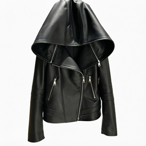 Chaqueta de Motociclista de Cuero Genuino con Capucha para Mujer, Chaqueta Corta Negra con Cremallera, Resistente al Viento - Product Image 1