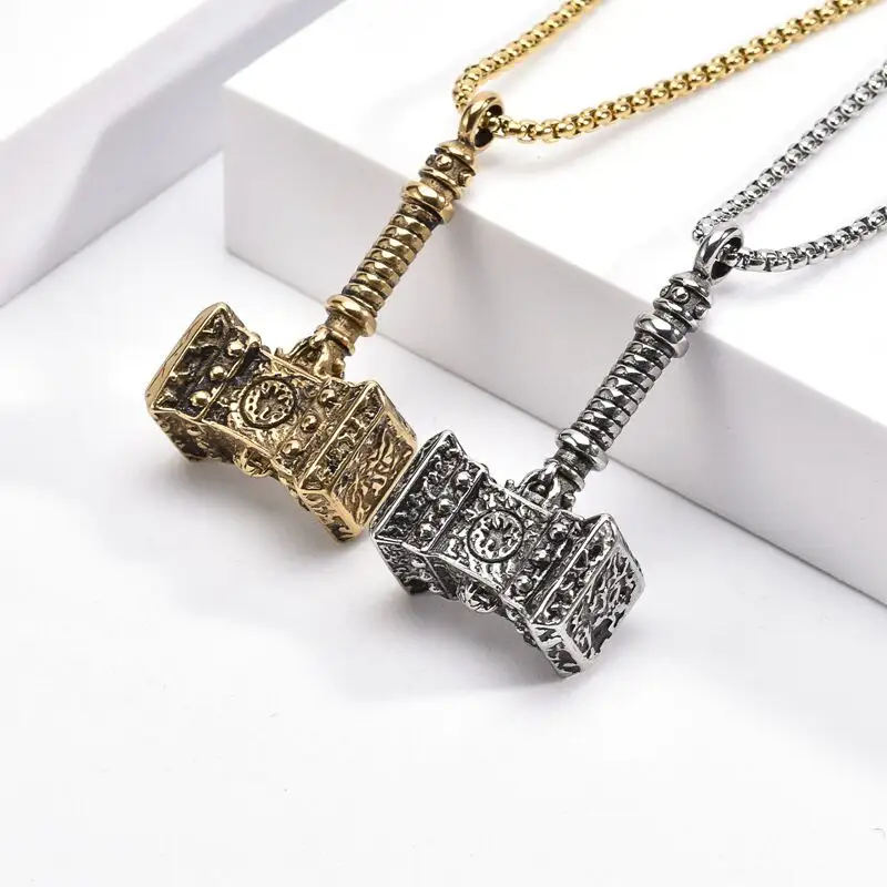 High Quality Hiphop Viking Men's Power Hammer Pendant Long Chain Necklace 316L Stainless Steel Odin Weapon Jewelry