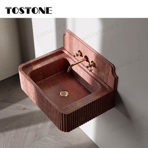 หินอ่อนธรรมชาติสีแดงสวยงามของโทสโตน พร้อมผนังกันเปื้อนแบบร่อง ดีไซน์อ่างล้างหน้าแบบแขวนผนัง สำหรับตกแต่งห้องน้ำสไตล์โมเดิร์นตามสั่ง - Product Image 4