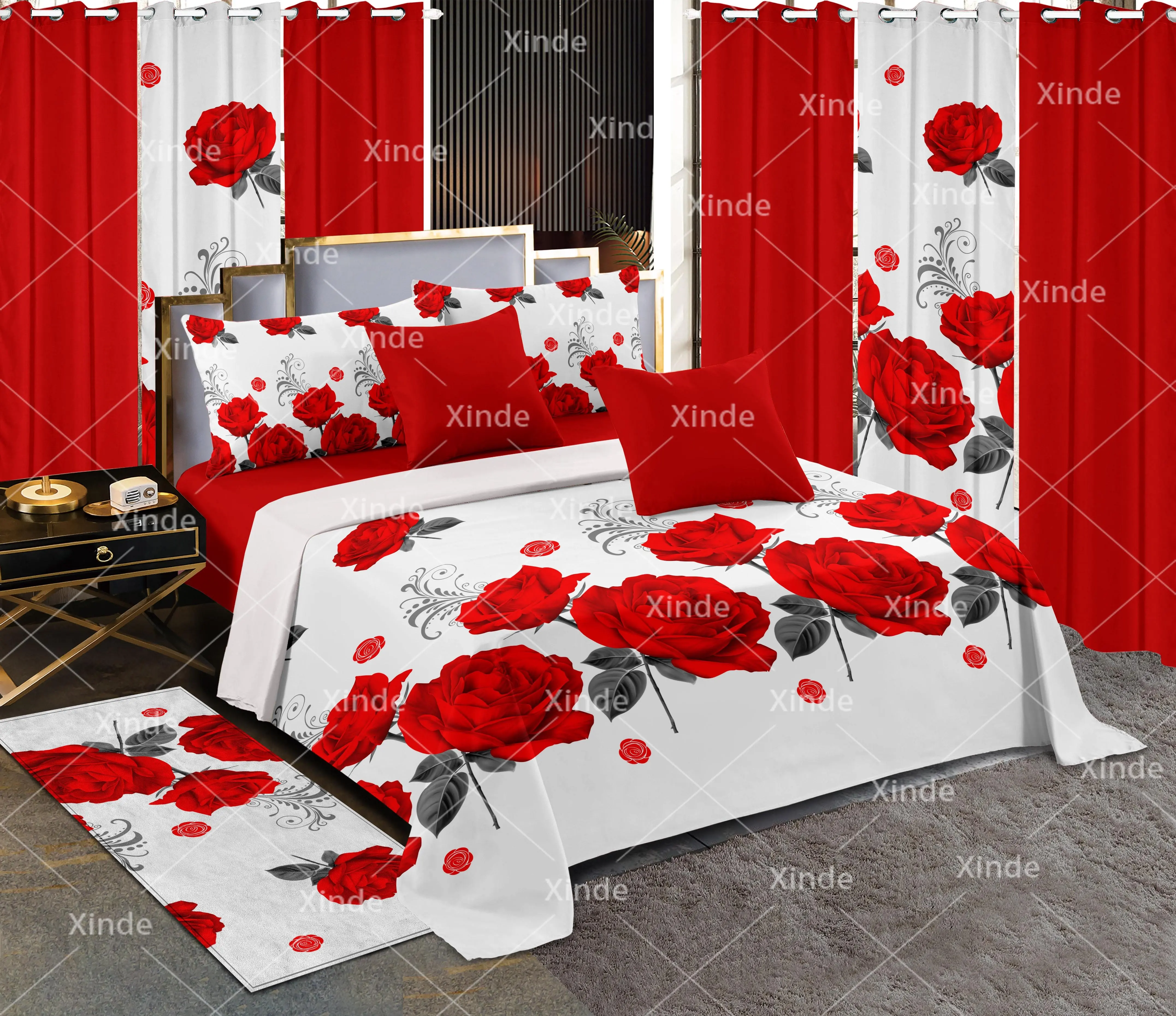 2023 new style customized 100% cotton 13pcs bedding set hot sale fashion bed sheet set with curtains all season