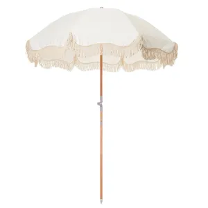 White Boho Patio Macrame Vintage Beach Umbrella Wooden Pole Cotton Canvas Fabric Bali Beach Umbrellas Parasol With Tassel Fringe