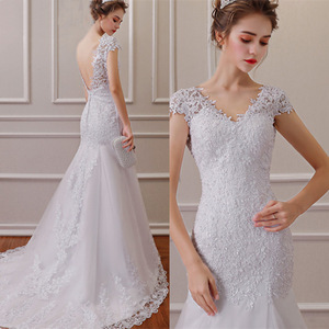<b>White</b> Backless <b>Lace</b> Mermaid Wedding Dress V-Neck Short Sleeve Wedding Gown Bride Dress Robe De Mariage - Product Image 1