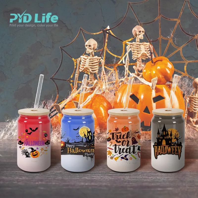 PYD Life 13 oz Custom Halloween Thermal cambia colore sublimazione bicchiere da birra può bicchiere con coperchio e cannuccia