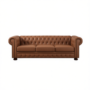 Divano Chesterfield classico a tre posti in similpelle marrone con schienale trapuntato per soggiorno - Product Image 1