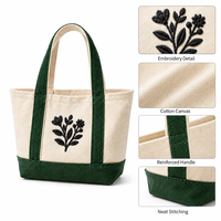 Tas Tote Kanvas Mini Bordir Logo Kustom dengan Lis Hijau, Alas yang Diperkuat, Tas Belanja Floral yang Dapat Digunakan Kembali untuk Wanita