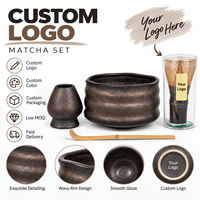 Ensemble Matcha en Céramique Personnalisé avec Logo OEM, Bol Noir Bronze, Fouet, Support, Cuillère en Bambou, Boîte Cadeau pour Débutants en Matcha