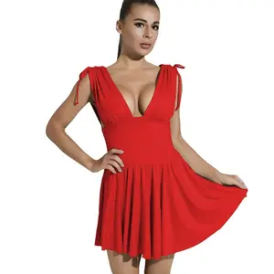 Fashion Women Spring Summer Dress Europe and the United States New Sleeveless Sexy Deep V-neck Slim Pleated Casual Dress