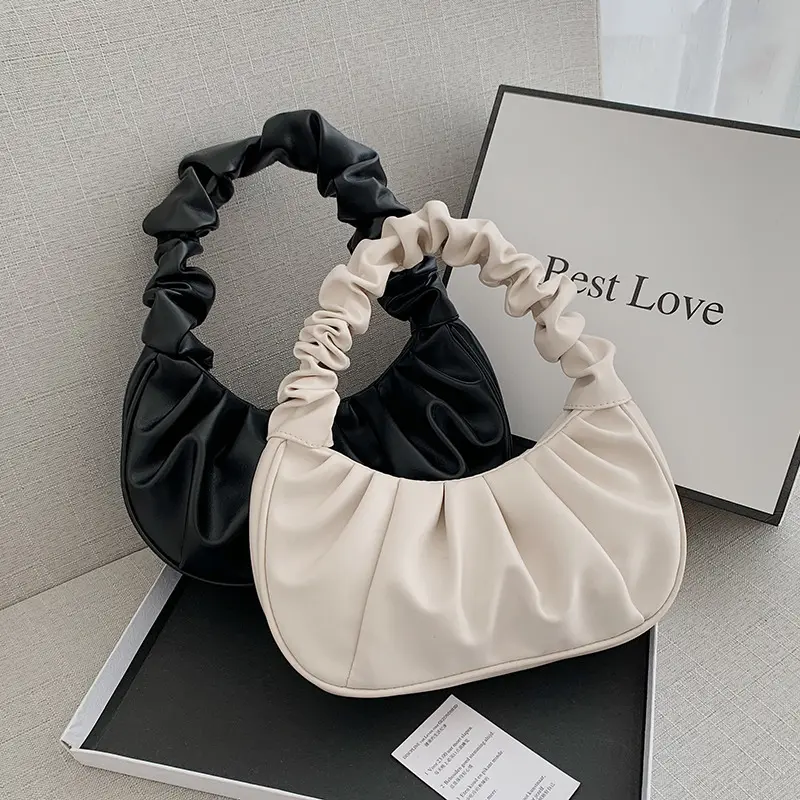 Wholesale Fashion Square Bags Vintage Pleated Pu Leather Women Small Handbags Solid Color White Crossbody Wrinkle Cloud Bag