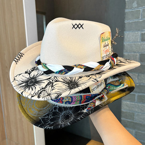 Chapeau de cow-boy occidental pour femme au design original, accessoires en plumes, chapeaux Fedora, chapeau de cow-boy en feutre de laine avec motif floral imprimé, fête - Product Image 1