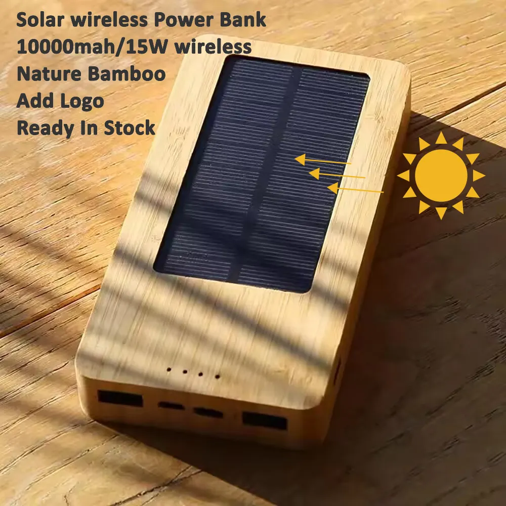 New Private Bamboo 10000mah USB C Wireless PowerBank Solar Power Bank