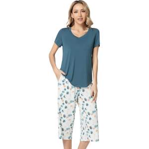 Conjunto de Pijama Personalizado para Mujer, Cuello en V, Manga Corta, Pantalones Capri, Ropa de Dormir de Punto Suave para Mujer - Product Image 1