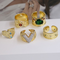 Mode Rétro Luxe Anneau Personnalité Pierres Précieuses Anneau Zircone Antique Réglable Cuivre Anneau pour les Femmes