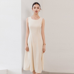 Apricot O-Neck Sleeveless Vest Dress Mid-Length Tight Waist Simple Office Casual Dress - Product Image 3