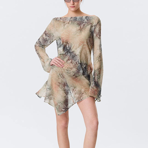 Robe courte en satin à manches longues et coupe trapèze pour femme, avec doublure en soie, écologique, idéale pour les fêtes et les vacances d'été - Product Image 1