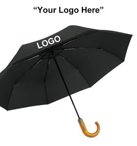 Parapluie pliable automatique à 3 volets avec poignée en bois et logo personnalisé multicolore pour hommes - Product Image 3