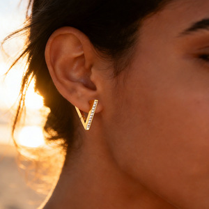 Geometric <b>Clip</b>-<b>on</b> <b>Earrings</b> Gold Plated Stainless Steel With Zircon Channel Setting Triangular Design Fashion Drop <b>Earrings</b> - Product Image 1