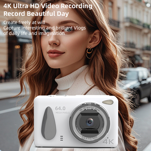 Students Kids 18X Digital Zoom Auto Focus 4K Digital Camera 64MP Nightshot Mini SD Recording Functions Travel Selfie Vlogging