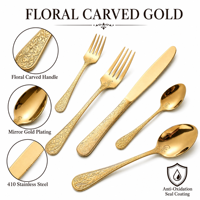 Service de Table Moderne Écologique Royal Gold 5 Pièces en Acier Inoxydable 410 Poli Miroir avec Poignée Gaufrée – Couverts pour Mariage et Hôtellerie