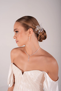 Ensemble de bijoux de mariée en cristal - Collier en Y, bracelet et boucles d'oreilles en argent sterling plaqué platine en forme de feuille - Product Image 4