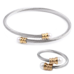 Stainless Steel Pearl Inlaid <b>Adjustable</b> Cable <b>Bracelet</b> Two Tone Fashion Jewelry Everyday Wear - Product Image 1