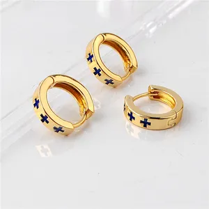 BZR21857 Kingme 2021 Модные женские серьги ювелирные изделия золотого цвета христианские кольца для ушей с мини темно-синим крестом для украшения
