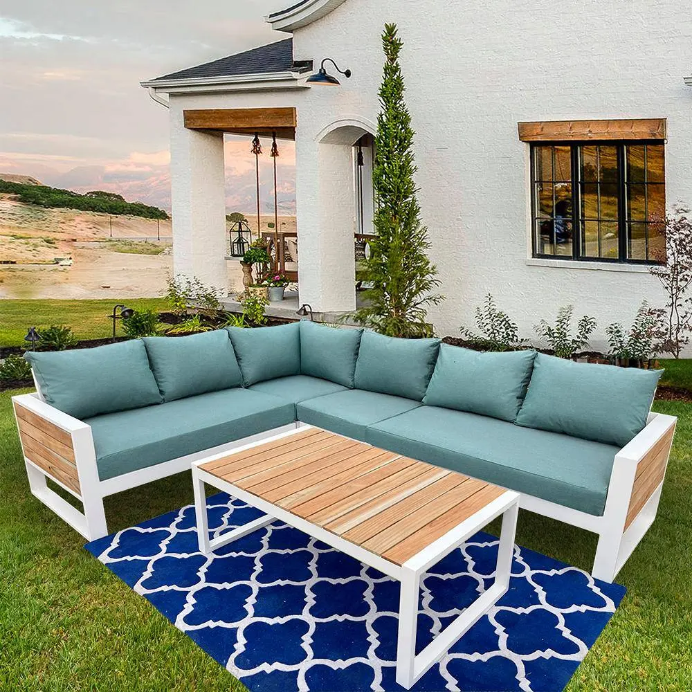 Yastıkları ile Modern masif ahşap mobilya koltuk takımı oturma odası bahçe veranda otel kesit L şekli açık kanepe
