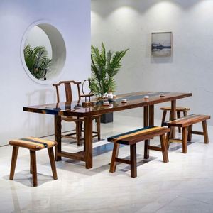 Set di Tavolo <span class=keywords><strong>da</strong></span> Pranzo in Resina Epossidica con Design Marino e 6 Sedie in Legno - Product Image 3