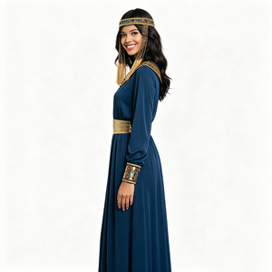 Vestido de Diosa <span class=keywords><strong>Egipcia</strong></span> con Cobertura Total, Estilo Modesto, Azul Marino con Adornos Dorados, <span class=keywords><strong>Manga</strong></span> <span class=keywords><strong>Larga</strong></span>, Largo hasta el Suelo, <span class=keywords><strong>Disfraz</strong></span> de Cleopatra - Product Image 1