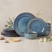 Service de table en céramique EKA Vintage, 12 pièces, glaçure réactive bleue avec rayures brunes, vente en gros OEM/ODM