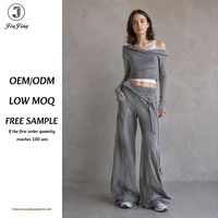 Ensemble de survêtement brodé avec haut court épaules dénudées, pantalon large à taille nouée – Collection Quotidienne Streetwear – Fournisseur en gros