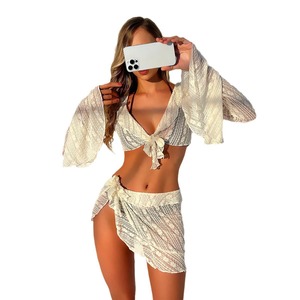 <b>White</b> Lace <b>Bikini</b> <b>Set</b> Long Sleeve Cover Up 4 Piece Beachwear Swimsuit Outfit for Women - Product Image 4