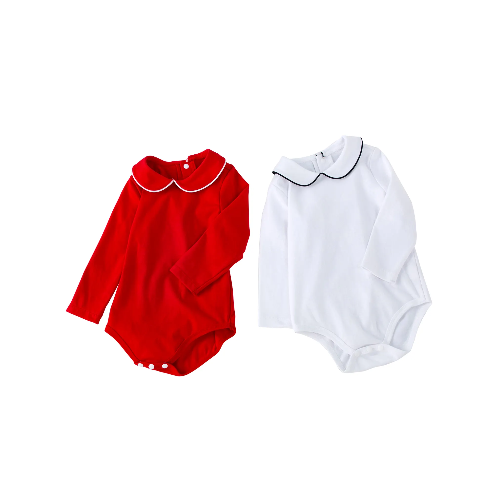 Atacado bebê bebê recém-nascido macacão de natal peter pan collar manga comprida romper branco e vermelho algodão macacão para bebês.