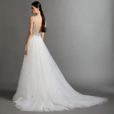 Sleeveless V-neckline A-line Wedding Dress With Beaded Bodice And Tulle Skirt