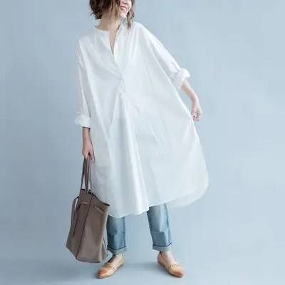 women's loose fitted curved hem shirt dress in white Plus shirtdress in stand collar