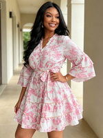 Robe d'été décontractée pour femme, collection boutique, sexy, style streetwear, manches mi-longues, imprimée, longueur midi, élégante, col en V, coupe trapèze