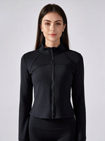Nouvelle veste de yoga zippée courte pour femme, col montant, manches longues, coupe ajustée, avec trous pour les pouces, idéale pour la course et la gym, coupe-vent.