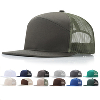 Topi Baseball 7 Panel Logo Kustom, Pinggiran Datar, Pelindung Matahari Outdoor, Topi Trucker Pria Wanita OEM ODM