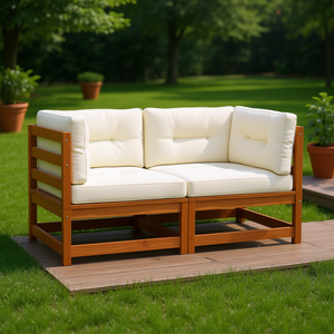 โซฟาลานบ้าน ไม้สนแท้ เบาะสีครีม ชุดสวนกลางแจ้ง 3 ที่นั่ง สไตล์ชนบท เฟอร์นิเจอร์ทนต่อสภาพอากาศ - Product Image 2