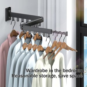 Porte-vêtements mural pliable en aluminium avec crochets robustes, installation <span class=keywords><strong>sans</strong></span> perçage pour balcon, chambre ou salle de bain - Product Image 6